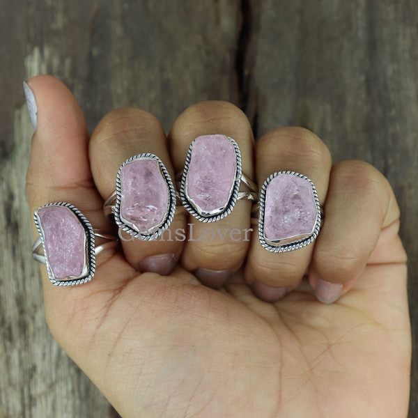Raw Morganite Ring, Pink Morganite Ring, Solid Sterling Silver Ring, Healing Raw Crystal Ring, Boho Silver Ring, Best Gift For Women's Ring
