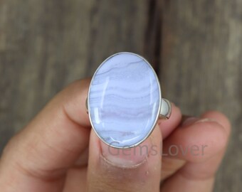 Natural Blue Lace Agate Ring, 925 Sterling Silver Ring, Healing Crystal Ring, Large Gemstone Ring, Gift for her, Pale Blue Gemstone Ring