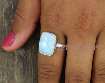 Natural Larimar Ring, Sterling Silver Ring, Women Ring, Bohemian Ring, Boho Simple Ring with Stone, Blue Gemstone Ring, Ocean Larimar Ring