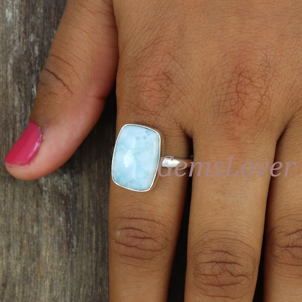 Natural Larimar Ring, Sterling Silver Ring, Women Ring, Bohemian Ring, Boho Simple Ring with Stone, Blue Gemstone Ring, Ocean Larimar Ring