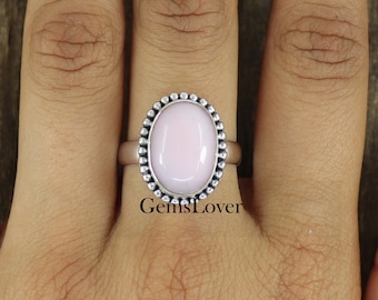 Oval Pink Opal Ring: 925 Sterling Silver Bohemian Statement Ring