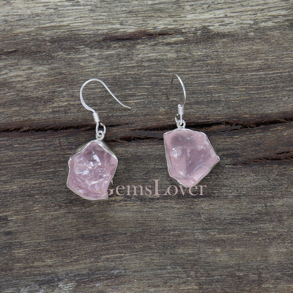 Rose quartz earrings, Raw Natural Rough Rose Quartz Crystals, Pink Quartz Earrings, Large Chunky Earrings, Solid 925 Sterling Silver Earring