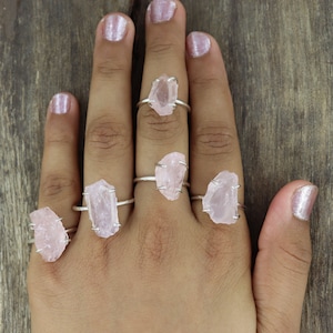 Raw Pink Quartz Ring, Raw Rose Quartz Ring, Raw Crystal Silver Ring ...