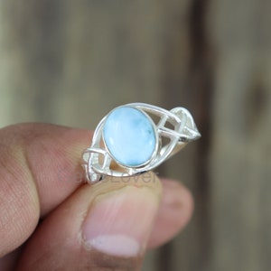 Natural Larimar Ring, Sterling Silver Ring, Bohemian Ring, Blue Gemstone Ring, Ocean Larimar Ring, Celtic Ring, Celtic Knot Ring, Pagan Ring