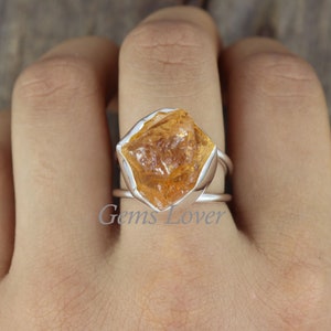 Roher Citrin Ring, 925 Sterling Silber Ring, Ungeschliffener Stein Ring, Heilkristall Ring, Citrin Ring, Rohstein Ring, Frauen Ring, Boho Ring