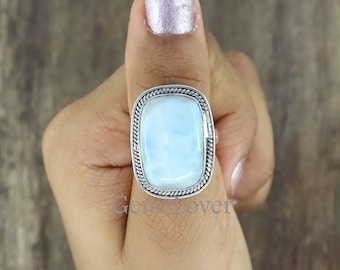 Large Larimar Ring: Sterling Silver Bohemian Artisan Ring