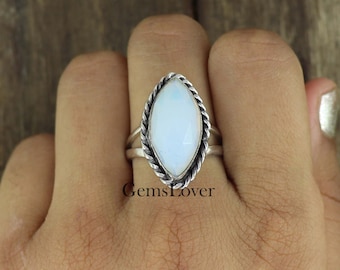 Bague en opalite, bague en argent sterling 925, bague en pierre en forme de marquise, bague en cristal de guérison, bague avec pierre de naissance, bague tendance bohème, cadeau pour elle