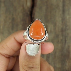 Natural Orange Jade Ring, 925 Sterling Silver Ring, Healing Stone Ring, Pear Shape Stone Ring, Middle Finger Ring, Boho Ring, Gift For Her