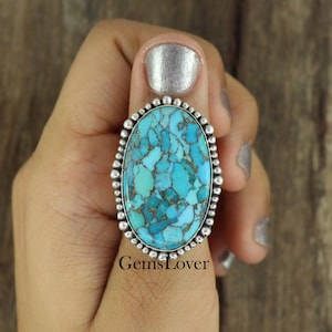 Blauer Türkis Sterling Silber Ring: Ovaler Edelstein, Boho Schmuck