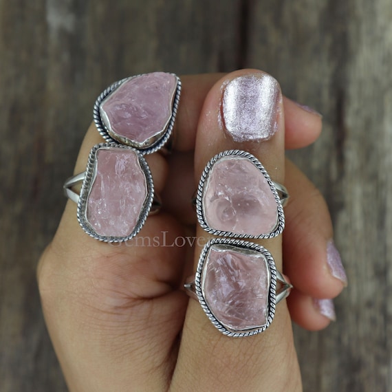 Natural Large Raw Rose Quartz Ring Raw Pink Quartz Ring Raw