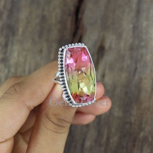 Watermelon Tourmaline Ring, Large Cushion Gemstone Ring, Sterling Silver Ring, Bohemian Ring, Ring for Women, Wedding Ring, Artisan Ring