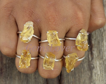 Raw Citrine Ring, Crystal Raw Stone Ring, 925 Silver Raw Citrine Ring, November Birthstone Ring, Uncut Gemstone Ring, Prong Citrine Ring