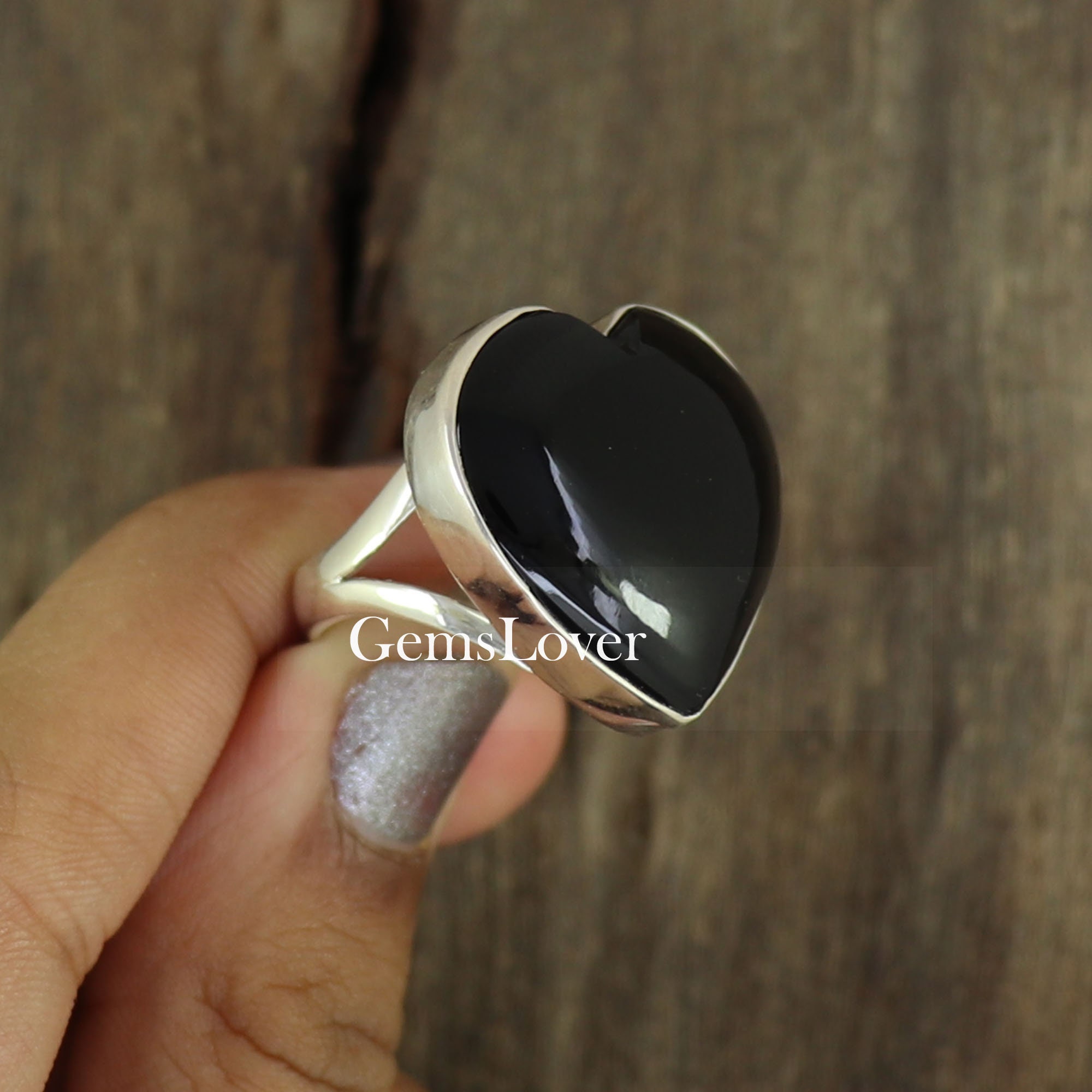 Sterling Silver 925 Heart Ring With Black Onyx - Ethnic Style, Multiple Sizes