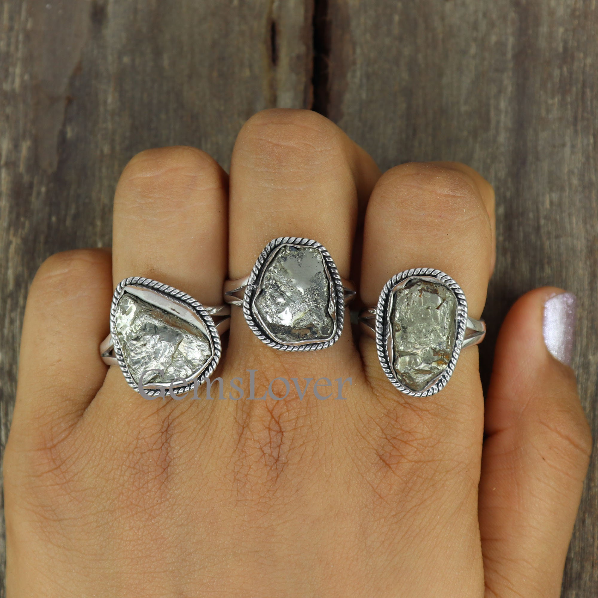 Tiny Silver Pyrite Gemstone Ring - Adjustable Black Ring Band – ShySiren.com
