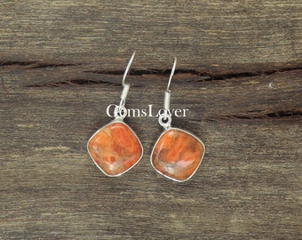 Orange Copper Turquoise Earring, Solid 925 Sterling Silver Earrings, Loop Earring, Healing Stone Earrings, Women Gift Earring, Gift For Her