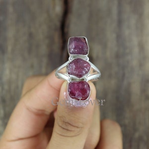 Natural Raw Ruby Ring, 925 Sterling Silver Ring, Three Stone Ring, Uncut Stone Ring, July Birthstone Ring, Healing Crystal Ring,Gift For Her