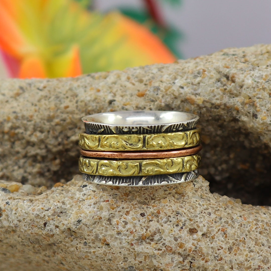 Honey Bee Spinner Ring 925 Sterling Silver Two Tone Textured