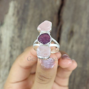 Raw Rose Quartz Ring, Raw Ruby Ring, 925 Sterling Silver Ring, Three Stone Ring, Unshaped Gemstone Ring, Healing Crystal Ring, Gift For Her