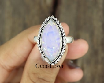 Bague en opalite, bague en argent sterling 925, bague de déclaration, bague en pierre marquise, bague en pierre de guérison, bague en pierre de naissance, bague femme, cadeau pour elle