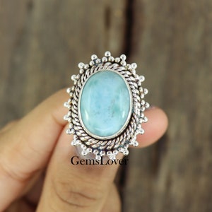 Genuine Larimar Ring, 925 Sterling Silver Ring, Oval Organic Stone Ring, Ring For Women&#39;s, Wedding Ring, Healing Gemstone Ring, Boho Ring