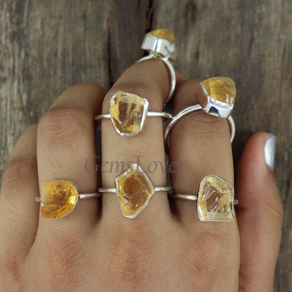 Raw Citrine Ring, Yellow Uncut Gemstone Ring, Crystal Raw Stone Ring, Silver Raw Citrine Ring, November Birthstone Ring, Uncut Gemstone Ring