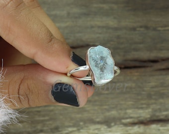 Raw Aquamarine Ring: Sterling Silver Rough Gemstone, Birthstone Jewelry