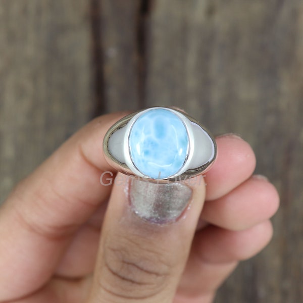 Bague Larimar naturelle, bague en argent sterling 925, chevalière pour homme, bague de déclaration Boho, bague en pierre de guérison, bague cadeau mari, cadeau pour lui