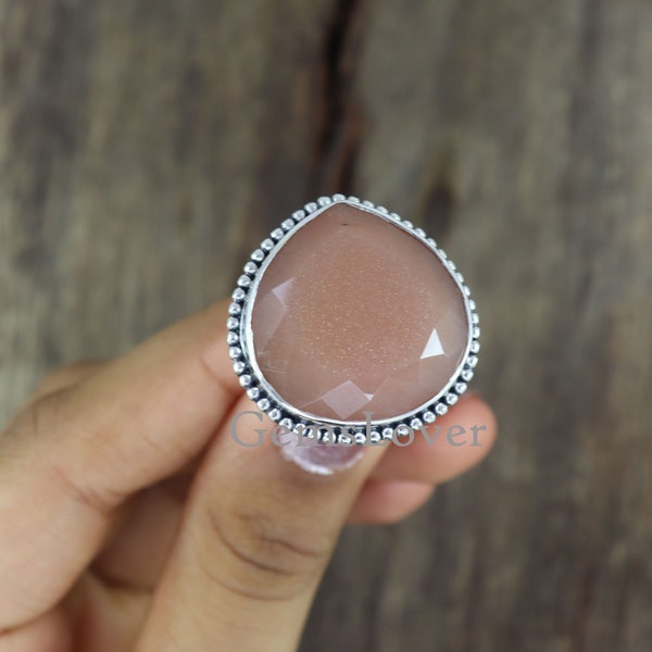 Peach Moonstone Ring, 925 Sterling Silver Ring, Healing Crystal Ring, Statement Ring, Large Gemstone Jewelry, Proposal Ring, Gift For Her