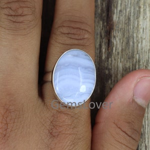 Natural Blue Lace Agate Ring, 925 Sterling Silver Ring, Healing Crystal Ring, Large Gemstone Ring, Gift for Her Ring, Blue Gemstone Ring