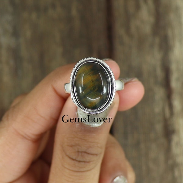 Natural Hawk Eye Ring, 925 Sterling Silver Ring, Statement Ring, Women Ring, Healing Energy Ring, Bohemian Ring, Handmade Ring, Gift for Her