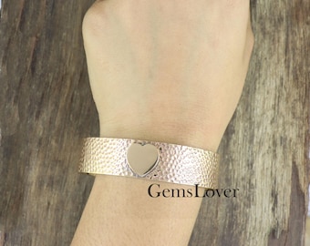 Handmade Heart Copper Bangle, Open Cuff Bracelet, Adjustable