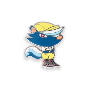 May include: A blue and white enamel pin featuring a cartoon animal with a yellow hat, white shirt, yellow pants, and red shoes. The animal has a white tail and a red eye.