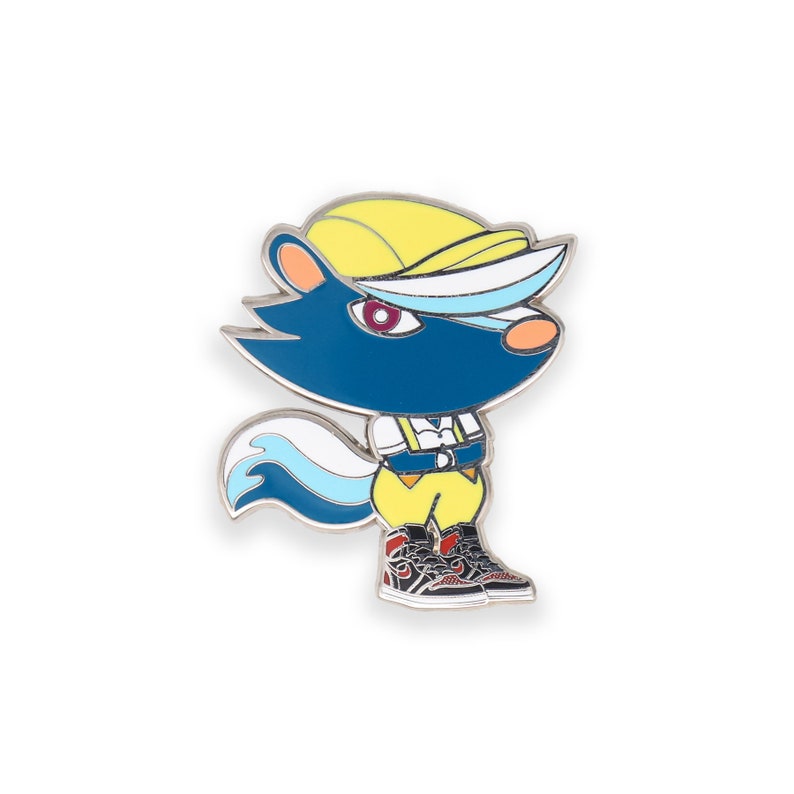 May include: A blue and white enamel pin featuring a cartoon animal with a yellow hat, white shirt, yellow pants, and red shoes. The animal has a white tail and a red eye.