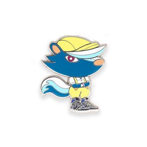 May include: A blue and white enamel pin of a cartoon animal wearing a yellow hat and yellow pants. The animal has a white stripe on its face and a red eye.