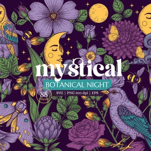 May include: A digital illustration with a dark purple background features an owl, moon, flowers, butterflies, and a bird. The text "mystical botanical night" is displayed in white. The image has a vintage, whimsical style.