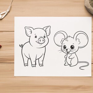 May include: Black and white line drawing of a pig and a mouse on white paper. The pig is smiling, and the mouse is standing upright. The drawing is on a wooden surface with pens and earbuds nearby. The image is suitable for coloring.