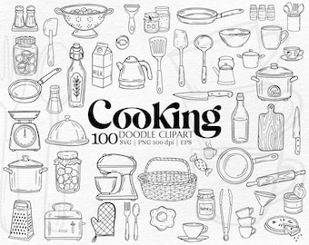 May include: Black and white doodle clipart featuring various kitchen tools and cooking-related items. Includes a mixer, pots, pans, utensils, and the word "Cooking". The image also contains the text "100 DOODLE CLIPART SVG | PNG 300 dpi | EPS".
