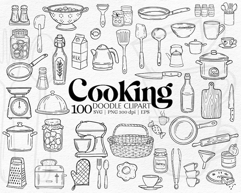 K&ouml;nnte beinhalten: Schwarz-wei&szlig; Doodle-Clipart mit verschiedenen K&uuml;chenutensilien und Kochutensilien. Enth&auml;lt einen Mixer, T&ouml;pfe, Pfannen und das Wort "Cooking". Der Text "100 DOODLE CLIPART SVG | PNG 300 dpi | EPS" ist ebenfalls vorhanden.