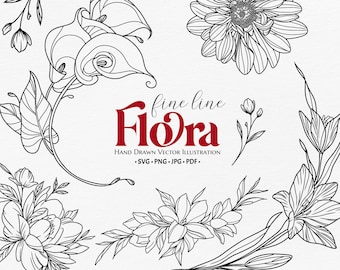 Arte floral lineal SVG: Clipart vectorial botánico dibujado a mano PNG para bodas, tatuajes y manualidades