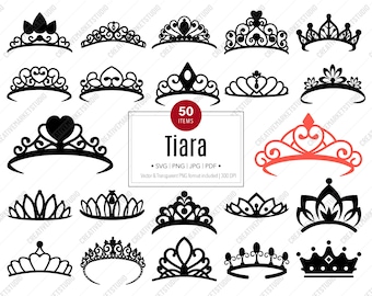 Puede incluir: Un conjunto de 50 ilustraciones de siluetas de tiaras negras y rojas. Las ilustraciones son de varios estilos y diseños. El texto "Tiara" y "50 Items" está incluido en la imagen.