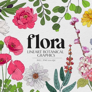 Moderne botanische Blumenillustrationen-Bündel, handgezeichnetes Clipart-Set - Blumen, Blätter, Frühling, Line Art für Textil & Handwerk