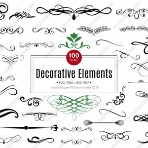 Elementi decorativi SVG, divisori di testo, pacchetto di arte decorativa, separatore di testo per matrimoni, design di ornamenti, bordi a spirale, decorazioni PNG