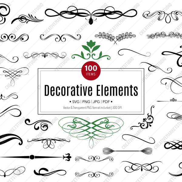 Decorative Elements SVG, Text Dividers, Decorative Art Bundle, Wedding Text Separator, Ornaments design, Swirls borders, Flourishes PNG