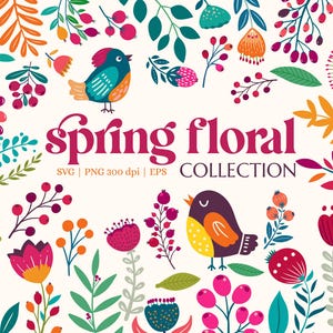 Lente bloemen vogels clipart set SVG - kleurrijke handgetekende natuurelementen voor knutselen, scrapbooking en doe-het-zelfprojecten