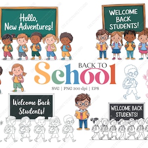 Back to School SVG, School Kids Clipart, Students PNG, Cute Backpacks, Teachers, Digital Art, Classroom Decor, Cute Student Cartoon