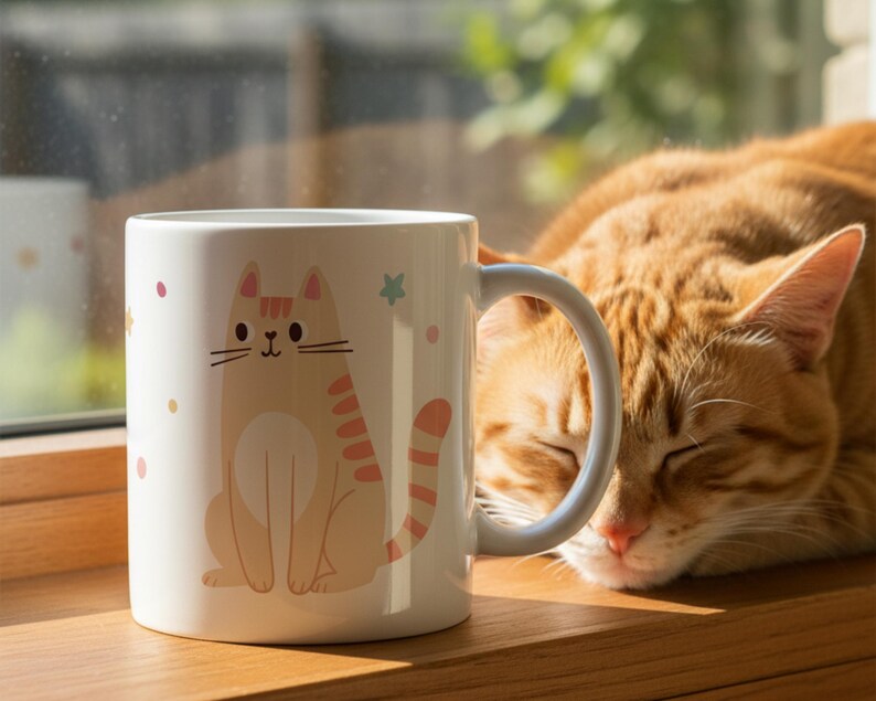 Pode incluir: Uma caneca de cer&acirc;mica branca com uma ilustra&ccedil;&atilde;o de gato de desenho animado em tons de laranja e p&ecirc;ssego, adornada com estrelas e pontos rosa e verdes. Um gato tigrado laranja dormindo ao lado da caneca em uma janela de madeira.