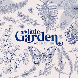 Eleganter blauer kleiner Garten, Hochzeitsmenüvorlage, Vintage Botanik, handgefertigte Borders Frames, viktorianische Blumen Clipart SVG