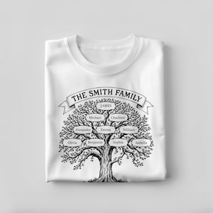 Pu&ograve; includere: Maglietta bianca con un design di albero genealogico in bianco e nero. Il testo "The Smith Family" &egrave; in cima al design, con i nomi "James", "Michael", "Charlotte", "Alexander", "Emma", "William", "Olivia", "Benjamin", "Sophia" e "Isabella" sui rami.