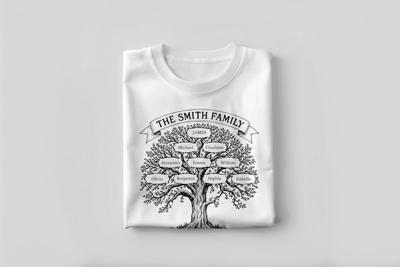 Pu&ograve; includere: Maglietta bianca con un design di albero genealogico in bianco e nero. Il testo "The Smith Family" &egrave; in cima al design, con i nomi "James", "Michael", "Charlotte", "Alexander", "Emma", "William", "Olivia", "Benjamin", "Sophia" e "Isabella" sui rami.
