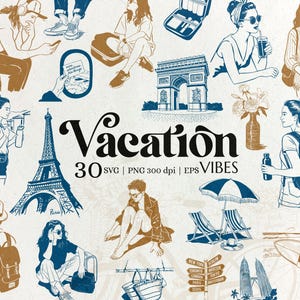 Ensemble de cliparts Vacation Vibes pour stickers de voyage, scrapbooking, t-shirts, journaux, cartes et art mural | Affiches de voyage d'été dessinées à la main